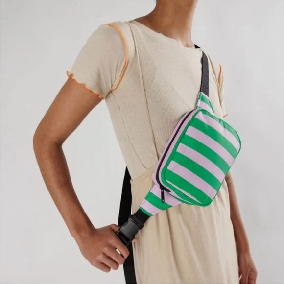 NWT BAGGU Awning Stripe Puffy Fanny Pack Pink Green - Picture 2 of 6